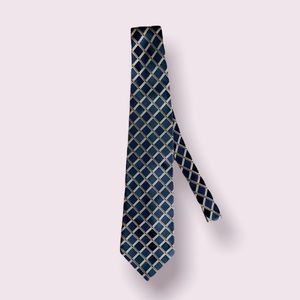 Vintage Burma Bibas Luxury Neck Tie Geometric Diamond Pattern in Blue and Tan